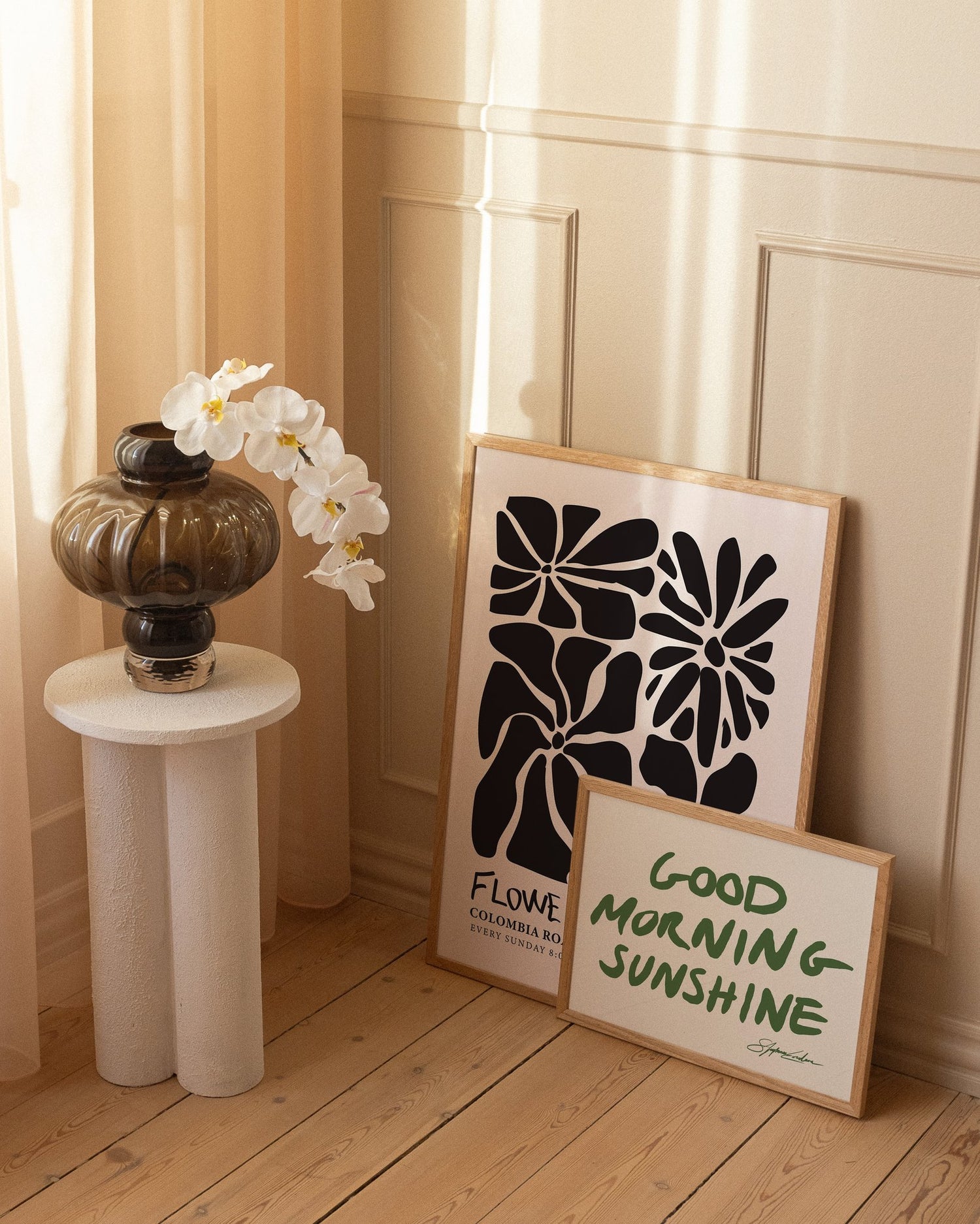 Graphic art posters leaning against the wall