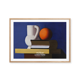 Arrangement with white jug, orange and book
